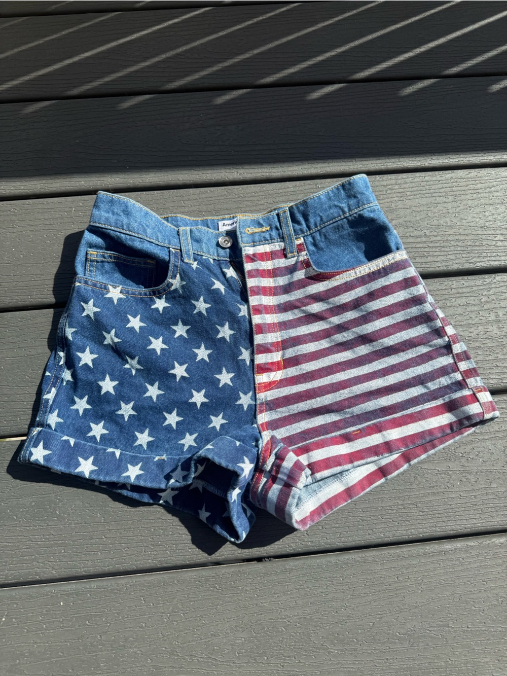 American Apparel Blue Denim Flag-Print Shorts